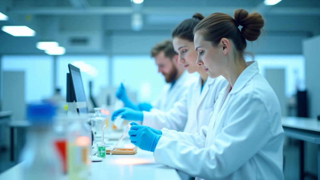 Nākotnes laboratorija ar augsti attīstītiem biotehnoloģijas instrumentiem un zinātniekiem darbībā
