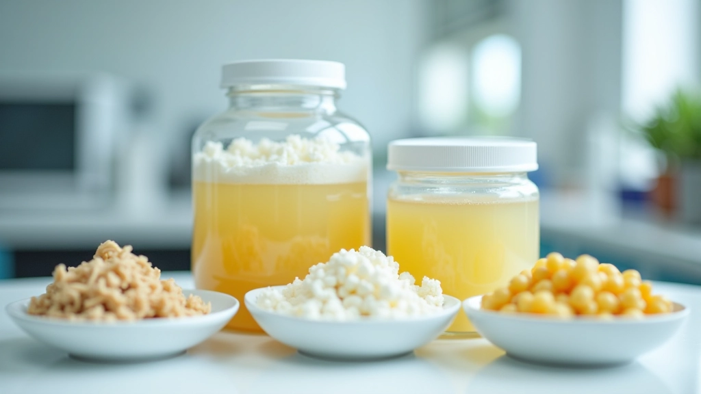 Fermentētu proteīna sviesta un soja produktu stikla burkas uz laboratorijas darbvirsmas