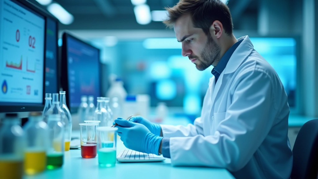 Moderns laboratorijas kabinets ar digitālajiem ekrāniem un bioloģiskajiem paraugiem