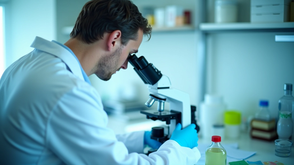 Zinātnieks darbā ar augļu ģenētiskās pētniecības laboratorijā, mikroskops un DNS modelis uz galda